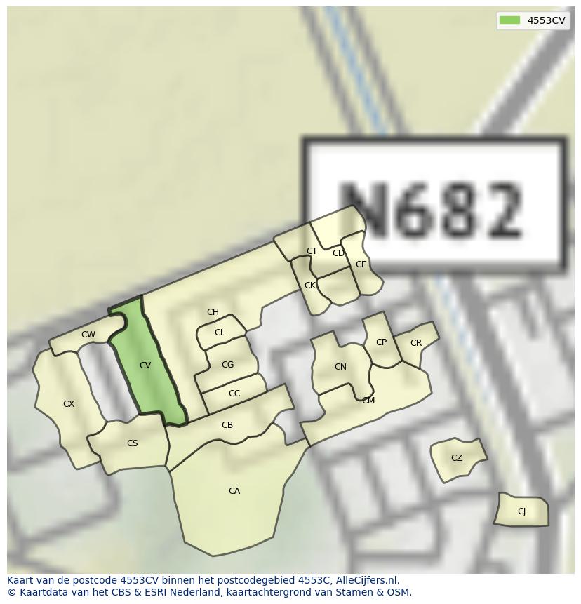 Afbeelding van het postcodegebied 4553 CV op de kaart.