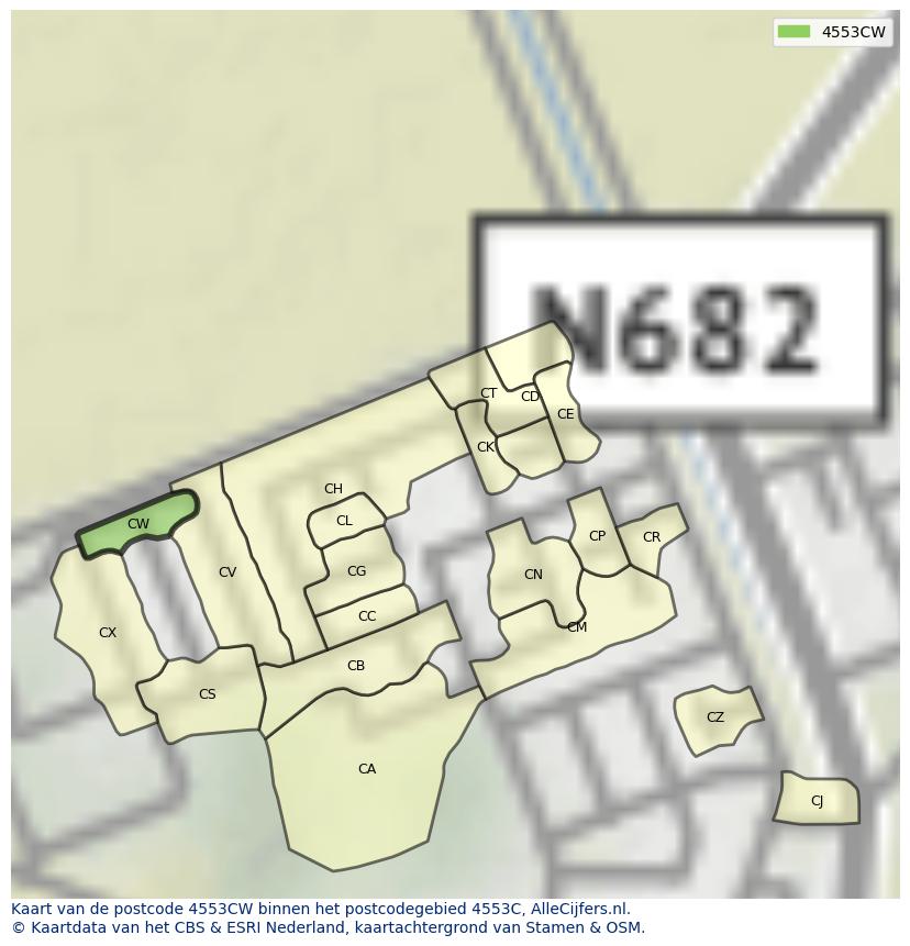 Afbeelding van het postcodegebied 4553 CW op de kaart.