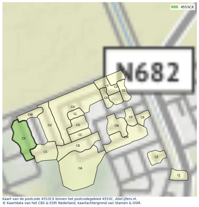 Afbeelding van het postcodegebied 4553 CX op de kaart.