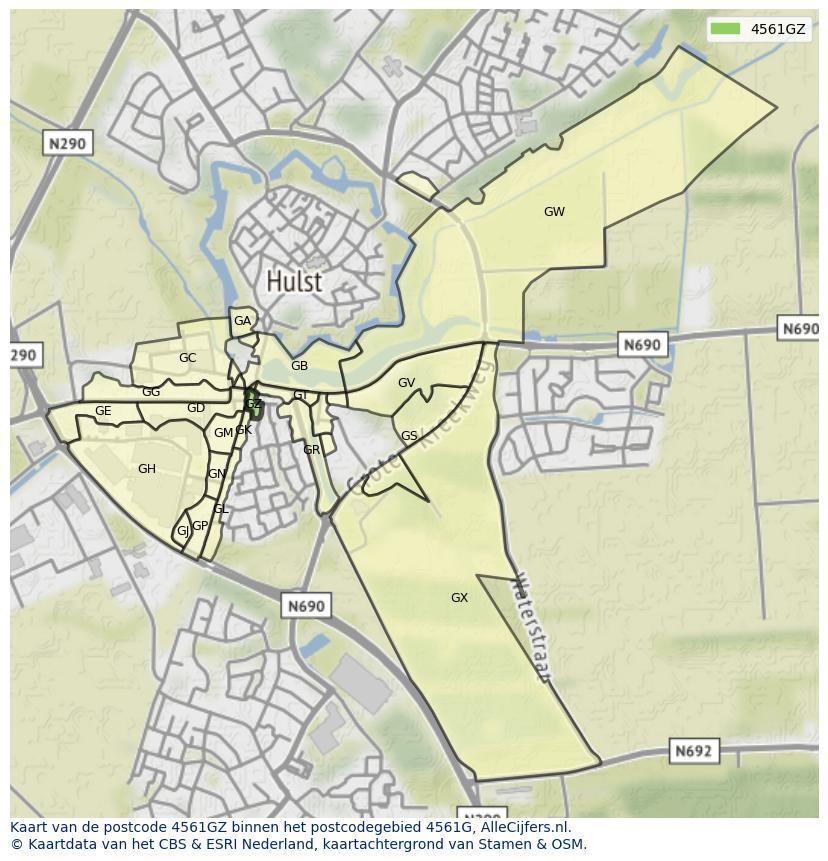 Afbeelding van het postcodegebied 4561 GZ op de kaart.