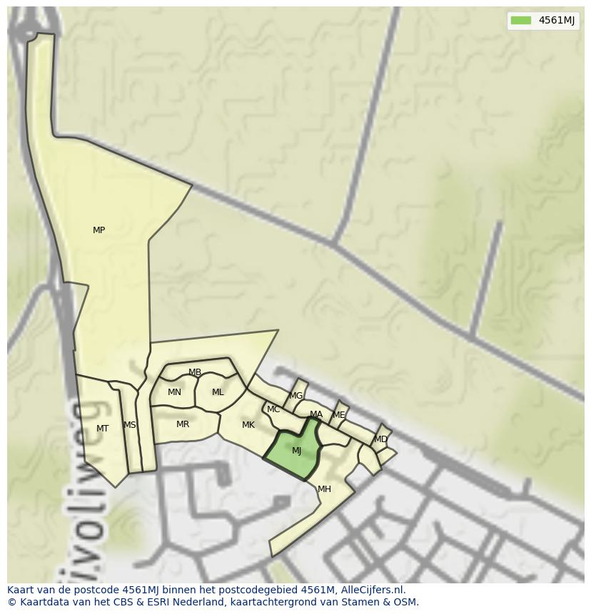Afbeelding van het postcodegebied 4561 MJ op de kaart.