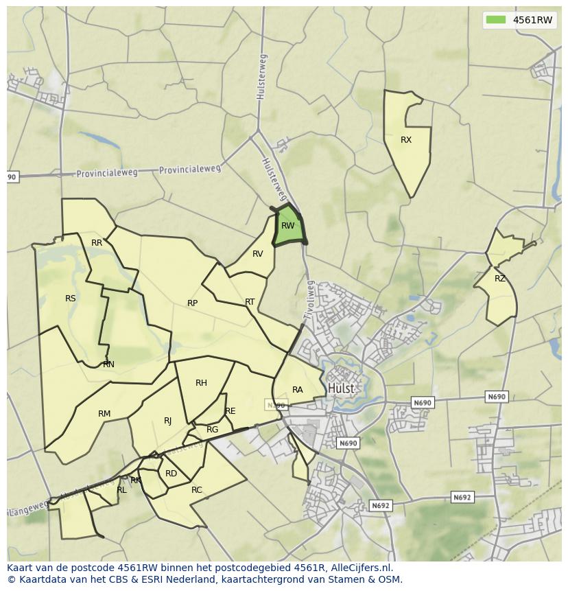 Afbeelding van het postcodegebied 4561 RW op de kaart.