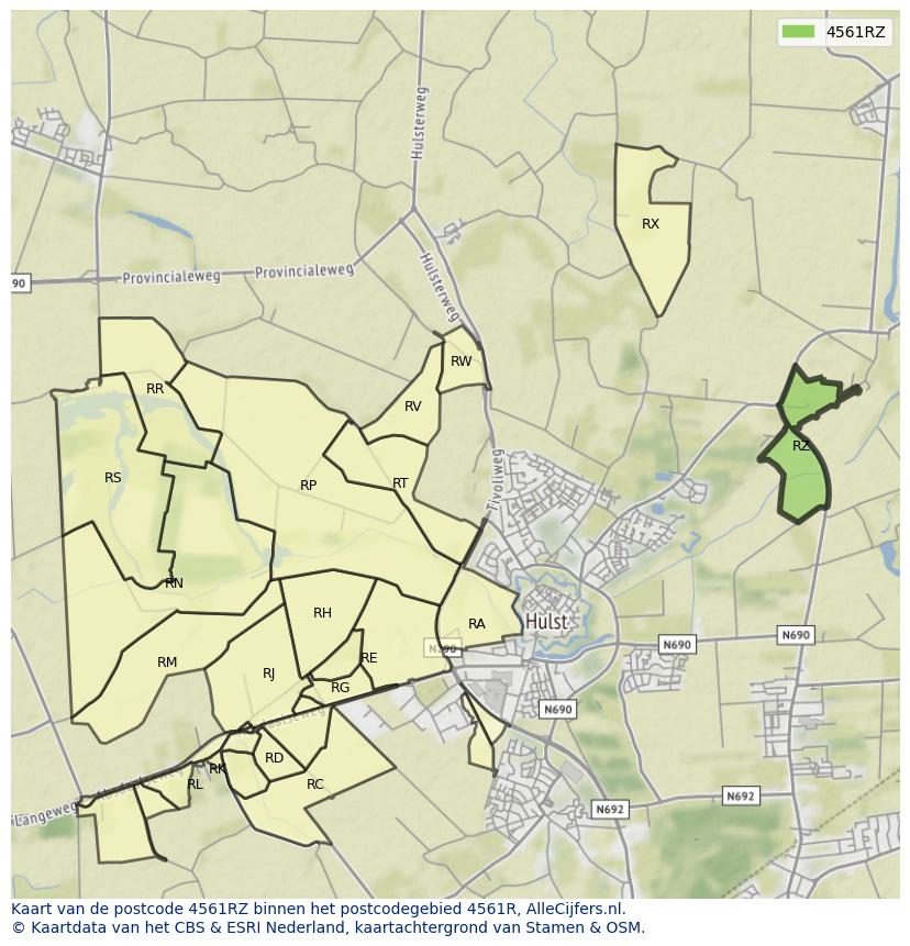 Afbeelding van het postcodegebied 4561 RZ op de kaart.