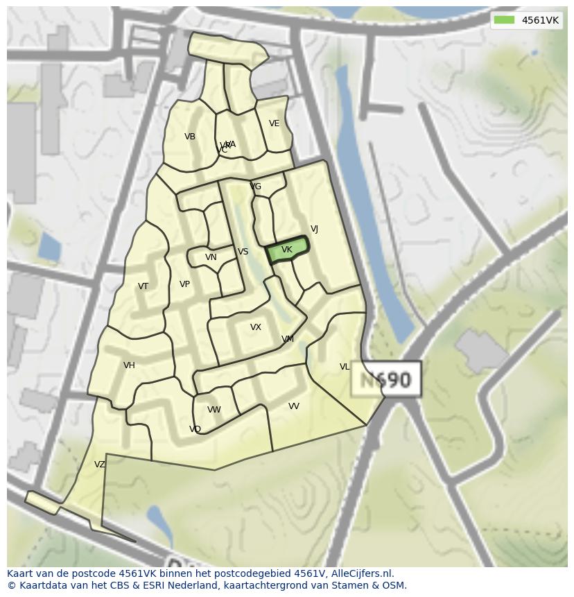 Afbeelding van het postcodegebied 4561 VK op de kaart.