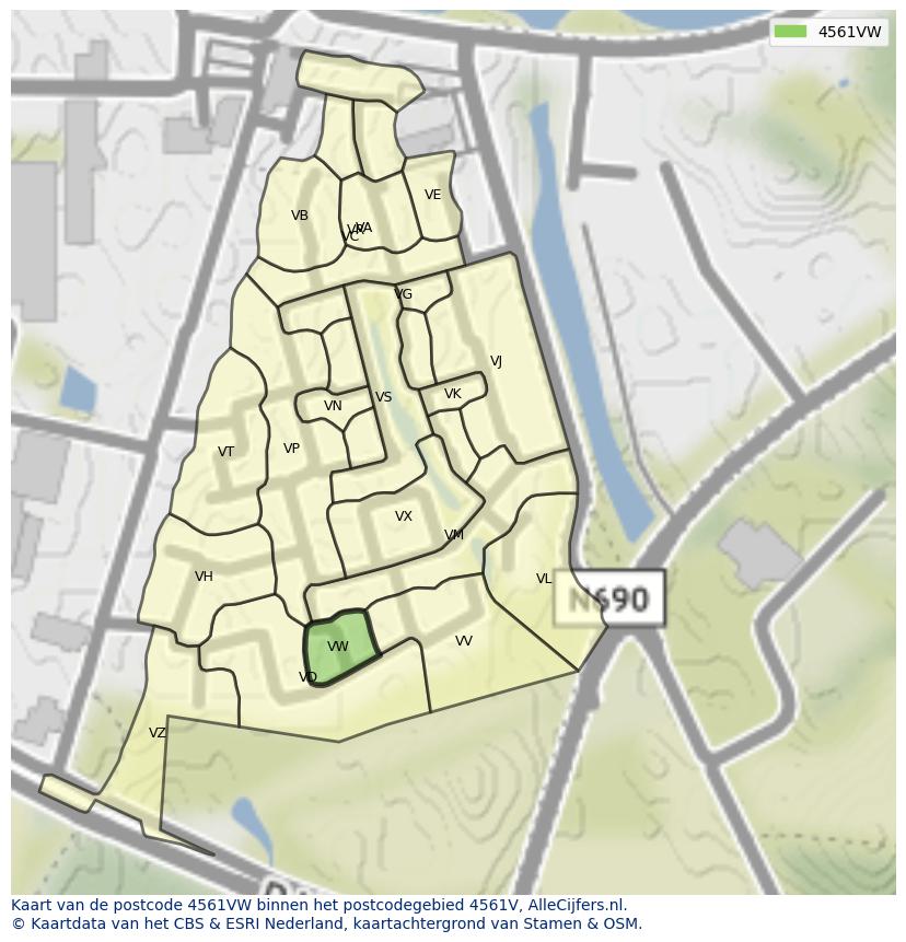 Afbeelding van het postcodegebied 4561 VW op de kaart.