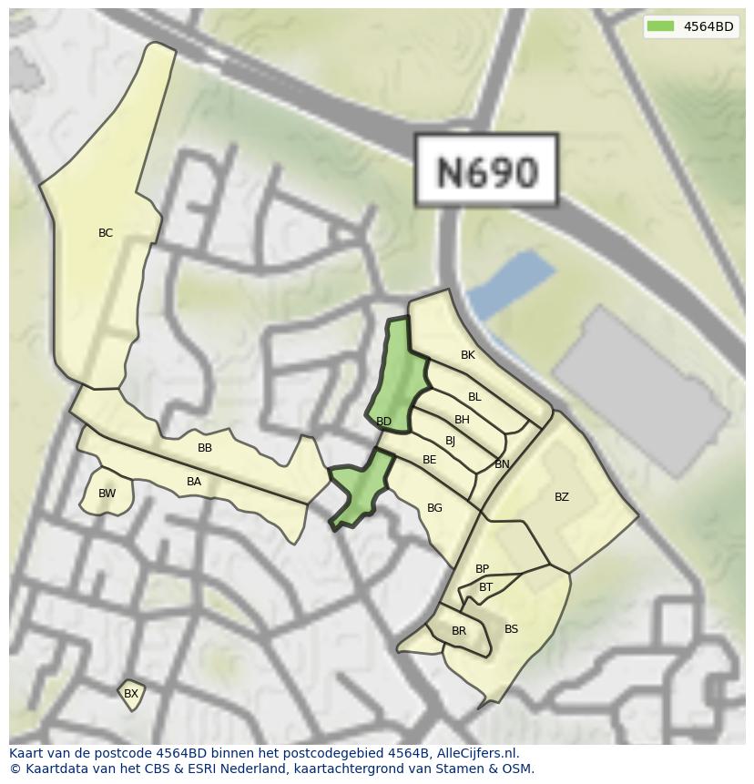 Afbeelding van het postcodegebied 4564 BD op de kaart.
