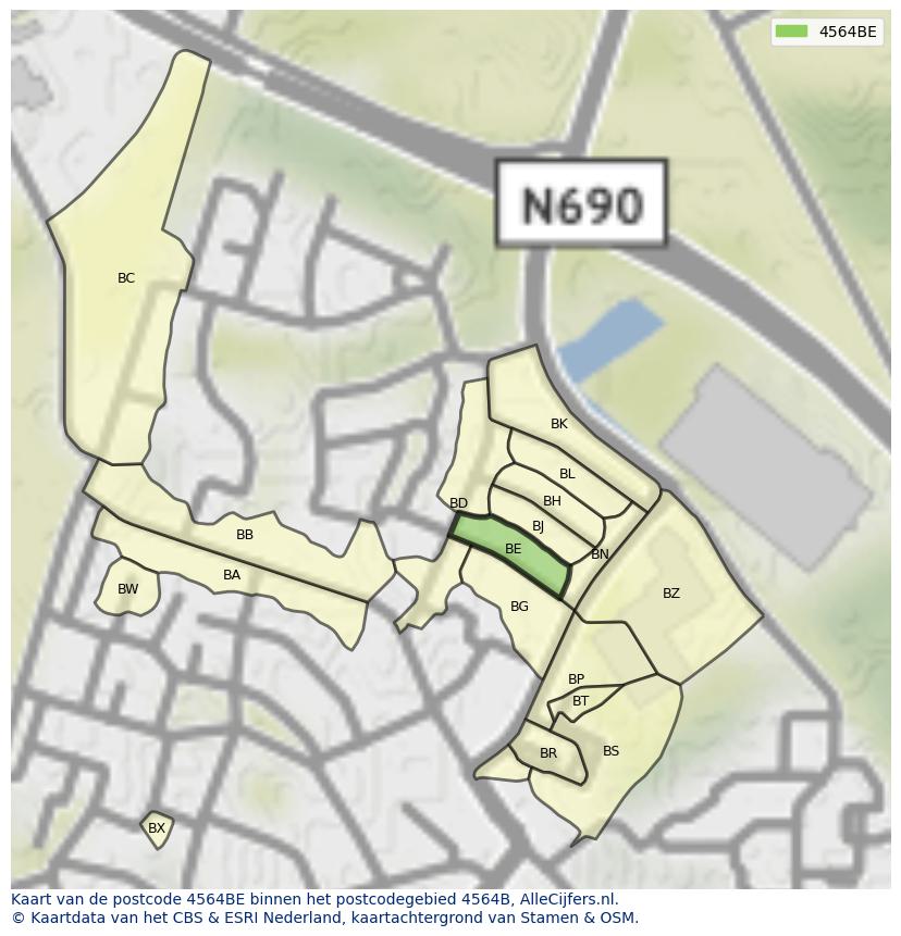 Afbeelding van het postcodegebied 4564 BE op de kaart.