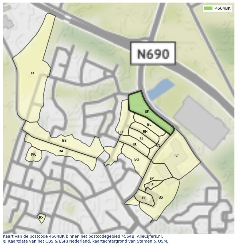 Afbeelding van het postcodegebied 4564 BK op de kaart.