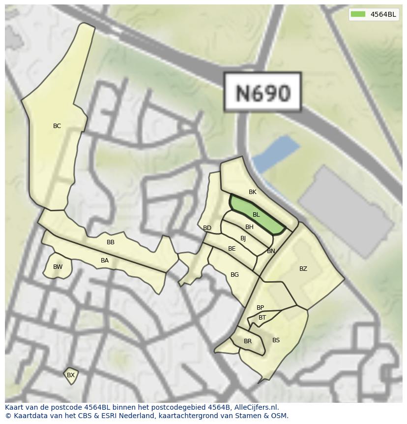 Afbeelding van het postcodegebied 4564 BL op de kaart.