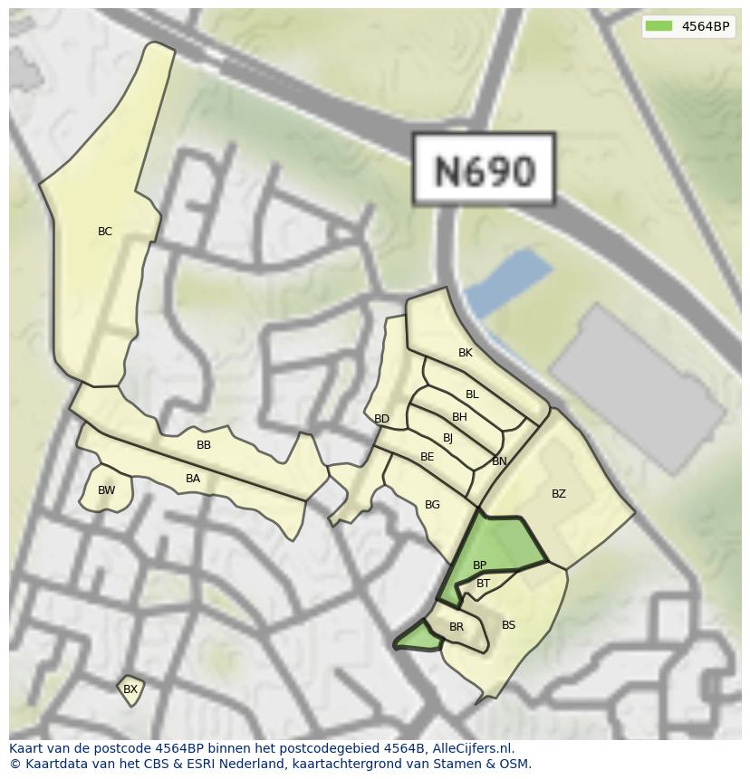 Afbeelding van het postcodegebied 4564 BP op de kaart.