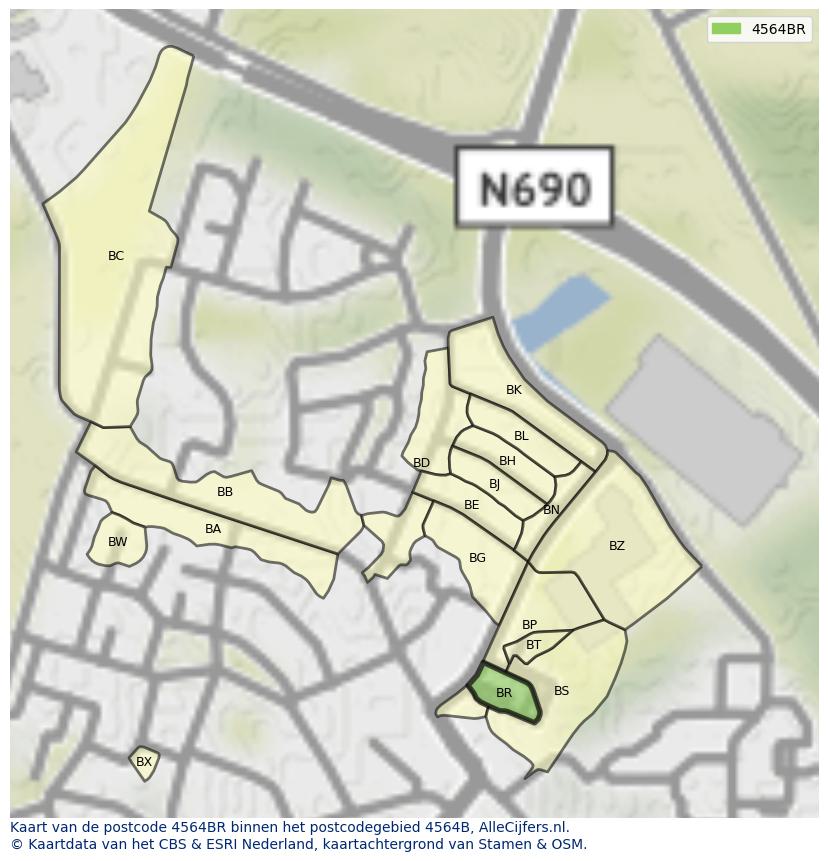 Afbeelding van het postcodegebied 4564 BR op de kaart.