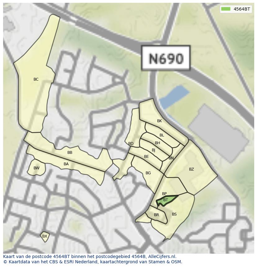 Afbeelding van het postcodegebied 4564 BT op de kaart.