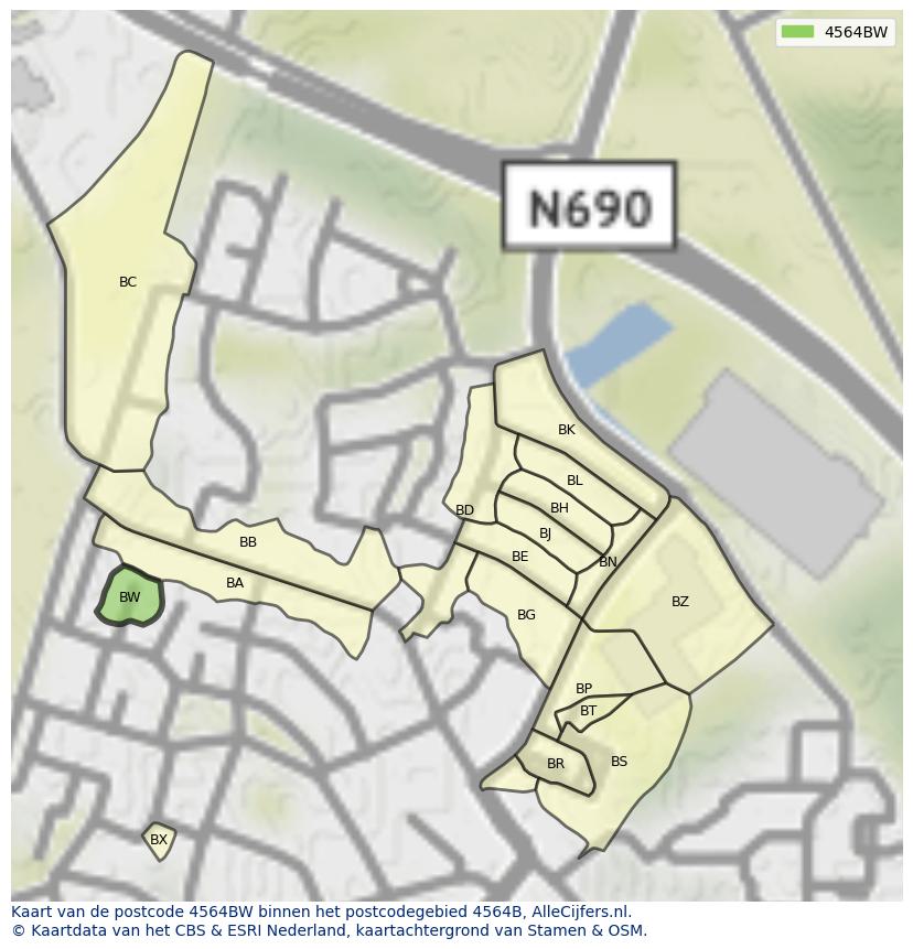 Afbeelding van het postcodegebied 4564 BW op de kaart.