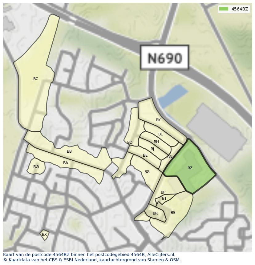 Afbeelding van het postcodegebied 4564 BZ op de kaart.