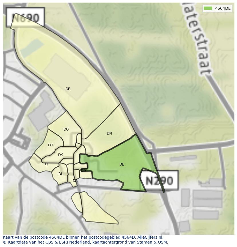 Afbeelding van het postcodegebied 4564 DE op de kaart.