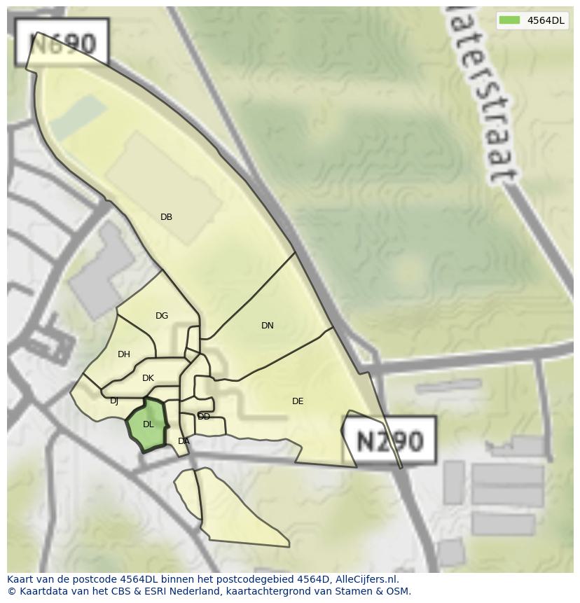 Afbeelding van het postcodegebied 4564 DL op de kaart.