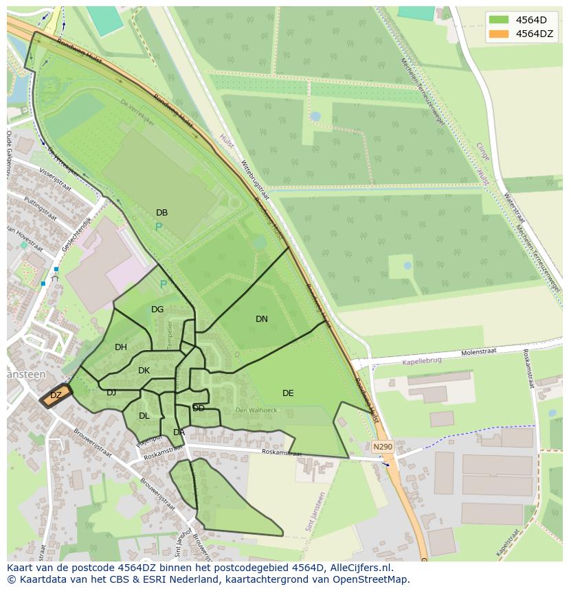Afbeelding van het postcodegebied 4564 DZ op de kaart.