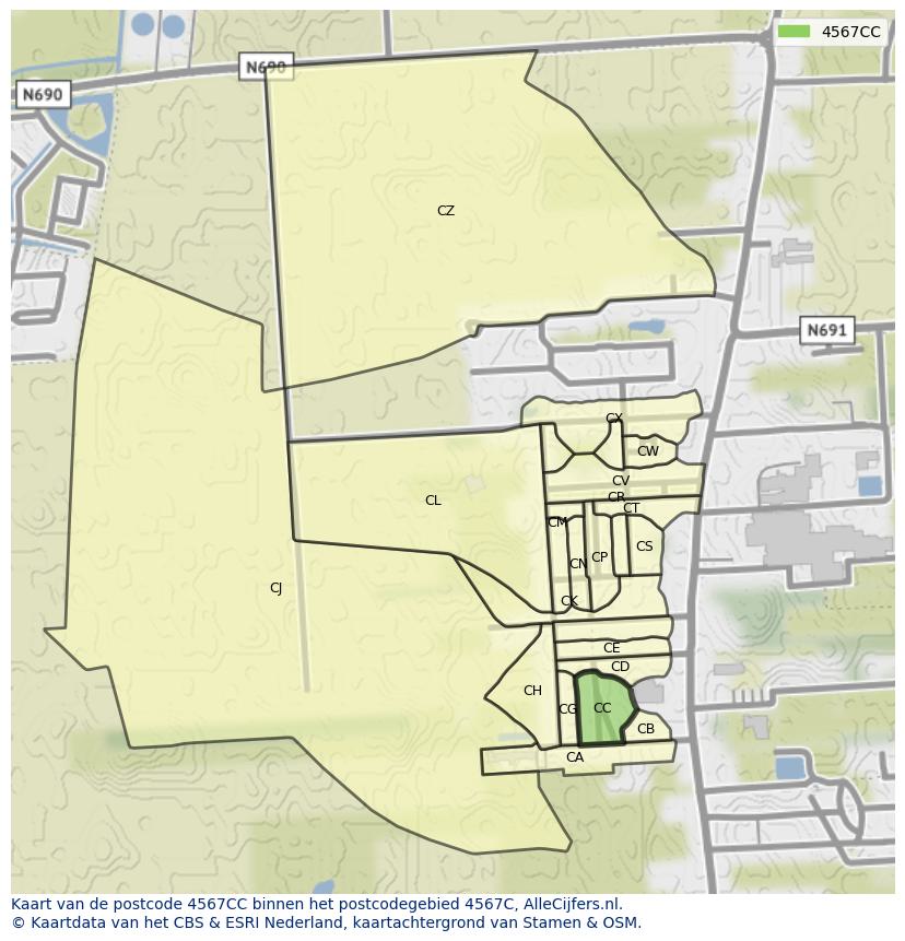 Afbeelding van het postcodegebied 4567 CC op de kaart.