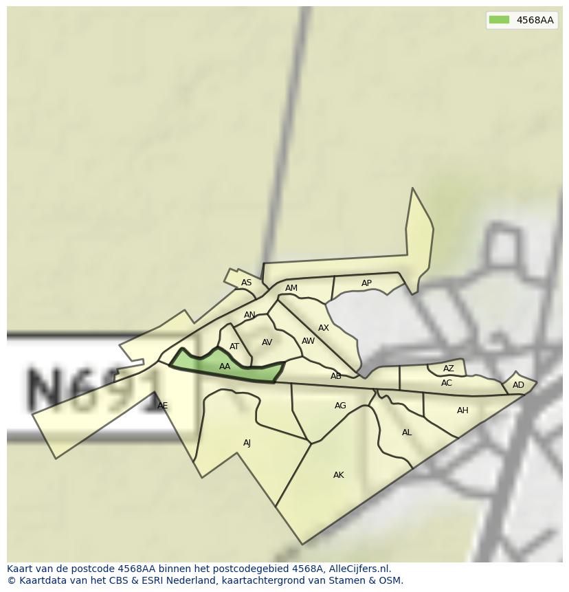 Afbeelding van het postcodegebied 4568 AA op de kaart.