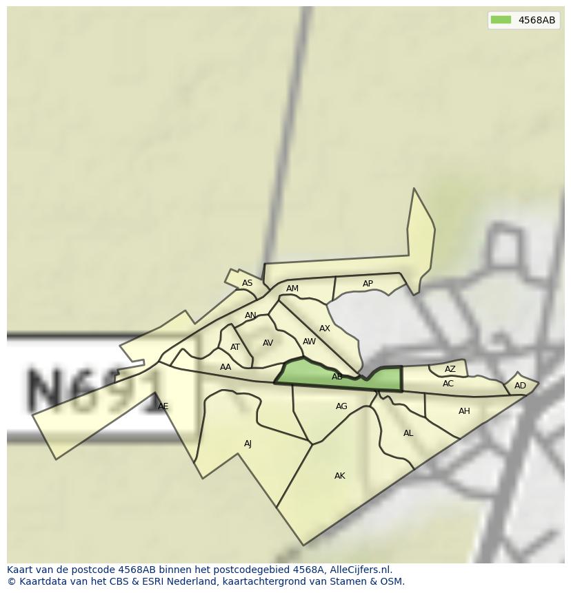 Afbeelding van het postcodegebied 4568 AB op de kaart.