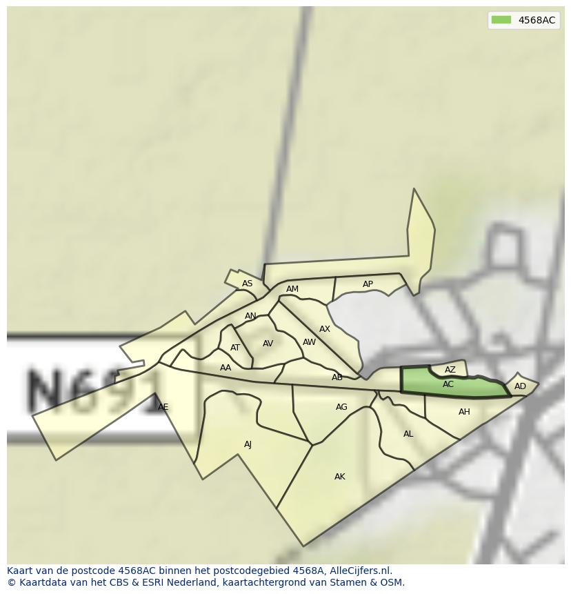 Afbeelding van het postcodegebied 4568 AC op de kaart.