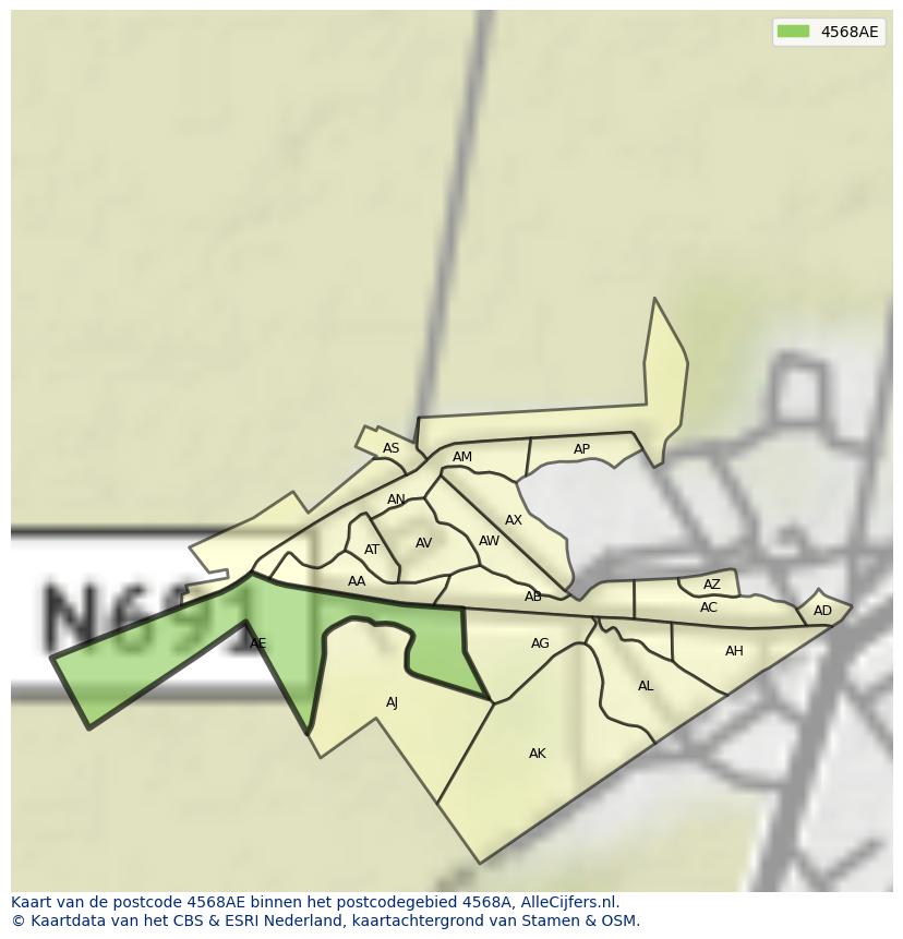 Afbeelding van het postcodegebied 4568 AE op de kaart.