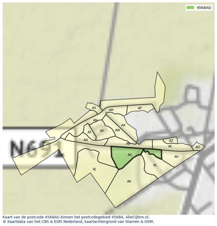 Afbeelding van het postcodegebied 4568 AG op de kaart.