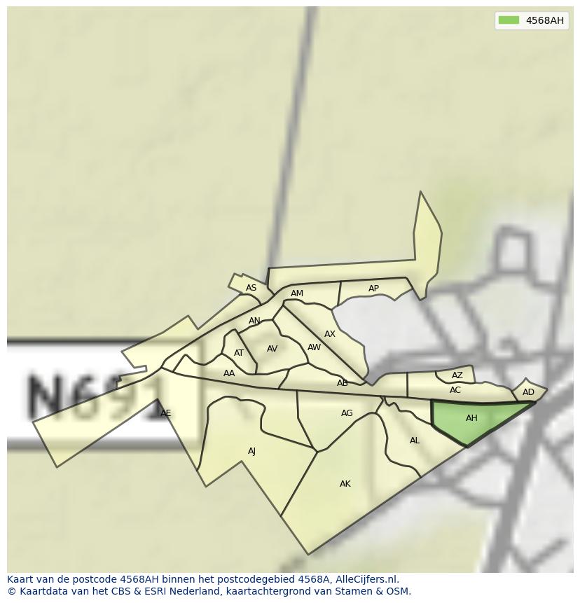 Afbeelding van het postcodegebied 4568 AH op de kaart.