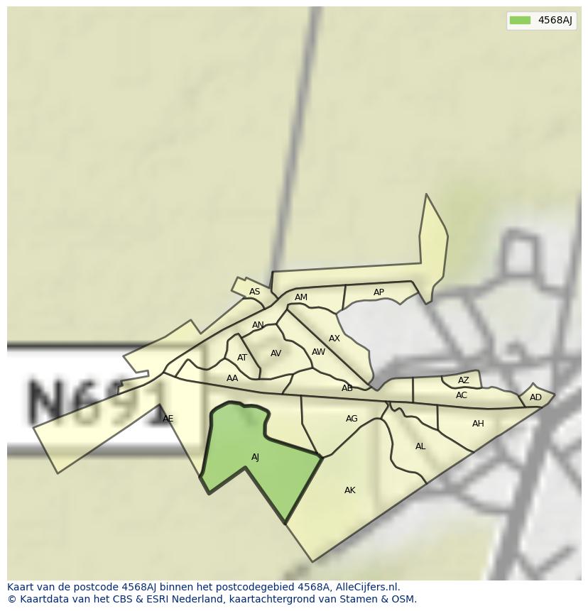 Afbeelding van het postcodegebied 4568 AJ op de kaart.