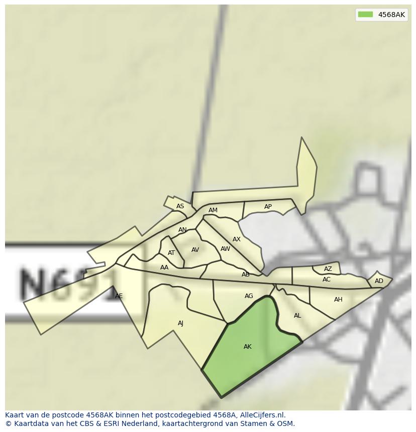 Afbeelding van het postcodegebied 4568 AK op de kaart.