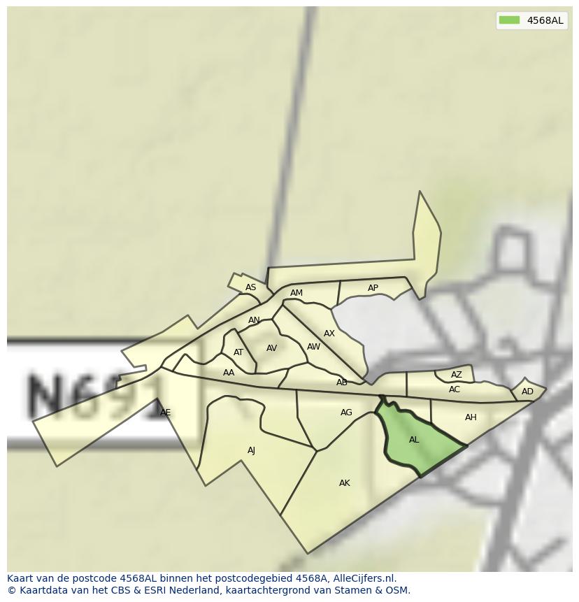 Afbeelding van het postcodegebied 4568 AL op de kaart.