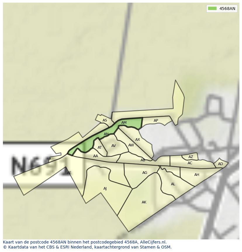 Afbeelding van het postcodegebied 4568 AN op de kaart.