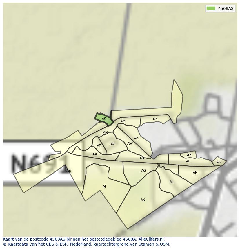 Afbeelding van het postcodegebied 4568 AS op de kaart.