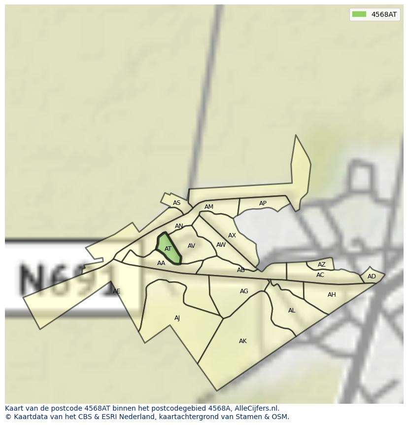 Afbeelding van het postcodegebied 4568 AT op de kaart.