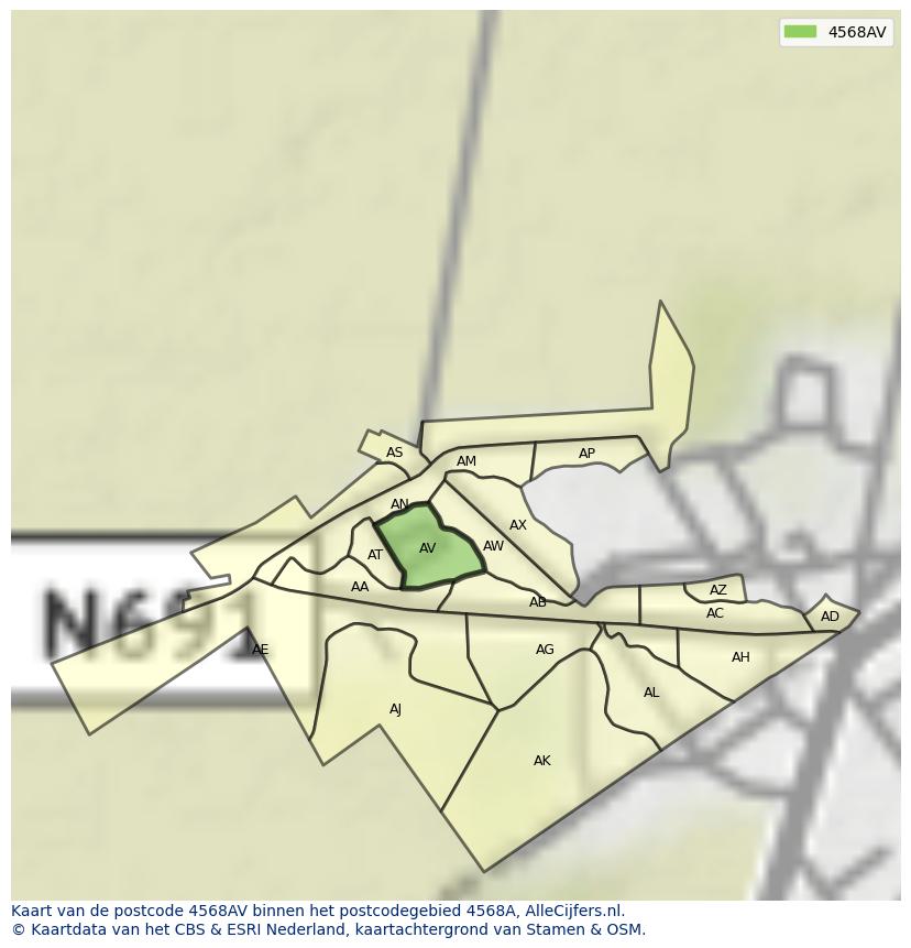 Afbeelding van het postcodegebied 4568 AV op de kaart.