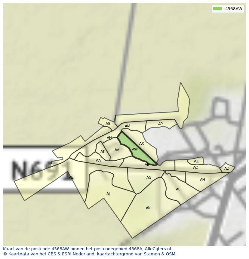 Afbeelding van het postcodegebied 4568 AW op de kaart.