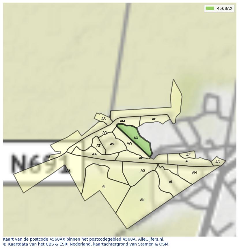 Afbeelding van het postcodegebied 4568 AX op de kaart.