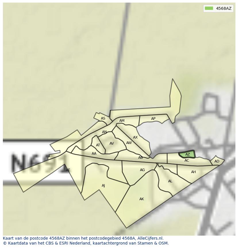 Afbeelding van het postcodegebied 4568 AZ op de kaart.