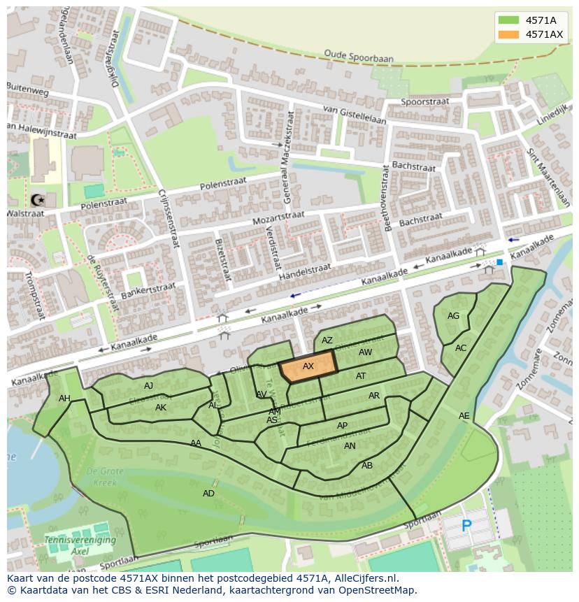 Afbeelding van het postcodegebied 4571 AX op de kaart.