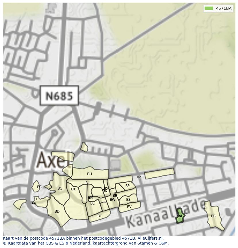 Afbeelding van het postcodegebied 4571 BA op de kaart.