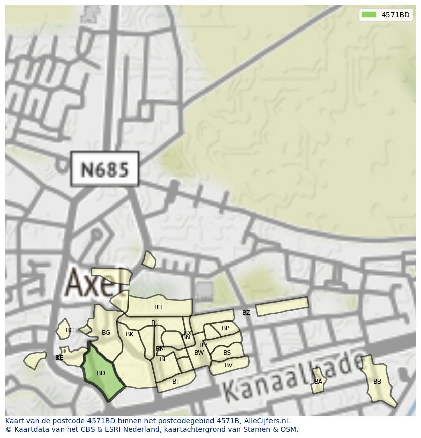 Afbeelding van het postcodegebied 4571 BD op de kaart.