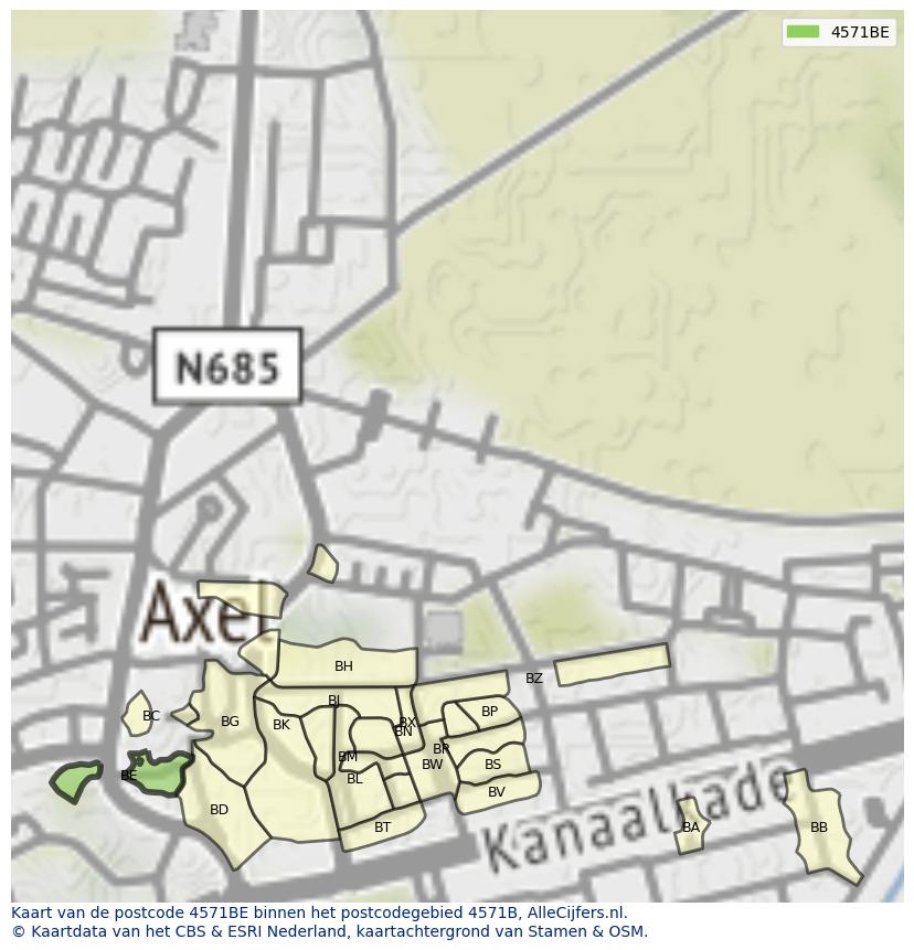 Afbeelding van het postcodegebied 4571 BE op de kaart.