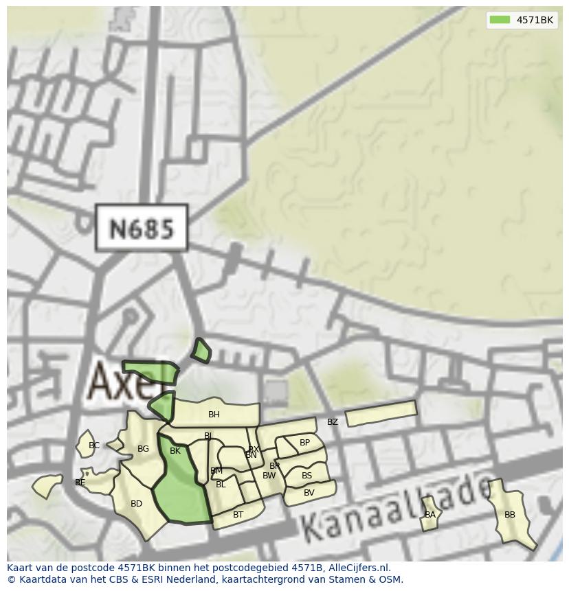 Afbeelding van het postcodegebied 4571 BK op de kaart.