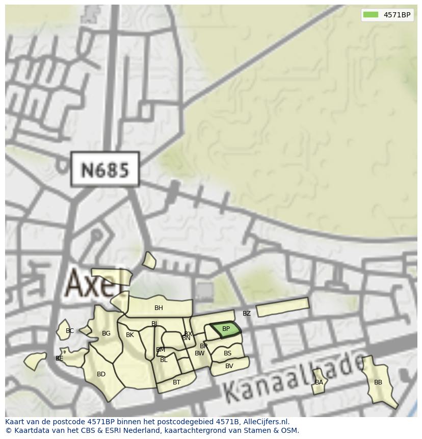 Afbeelding van het postcodegebied 4571 BP op de kaart.
