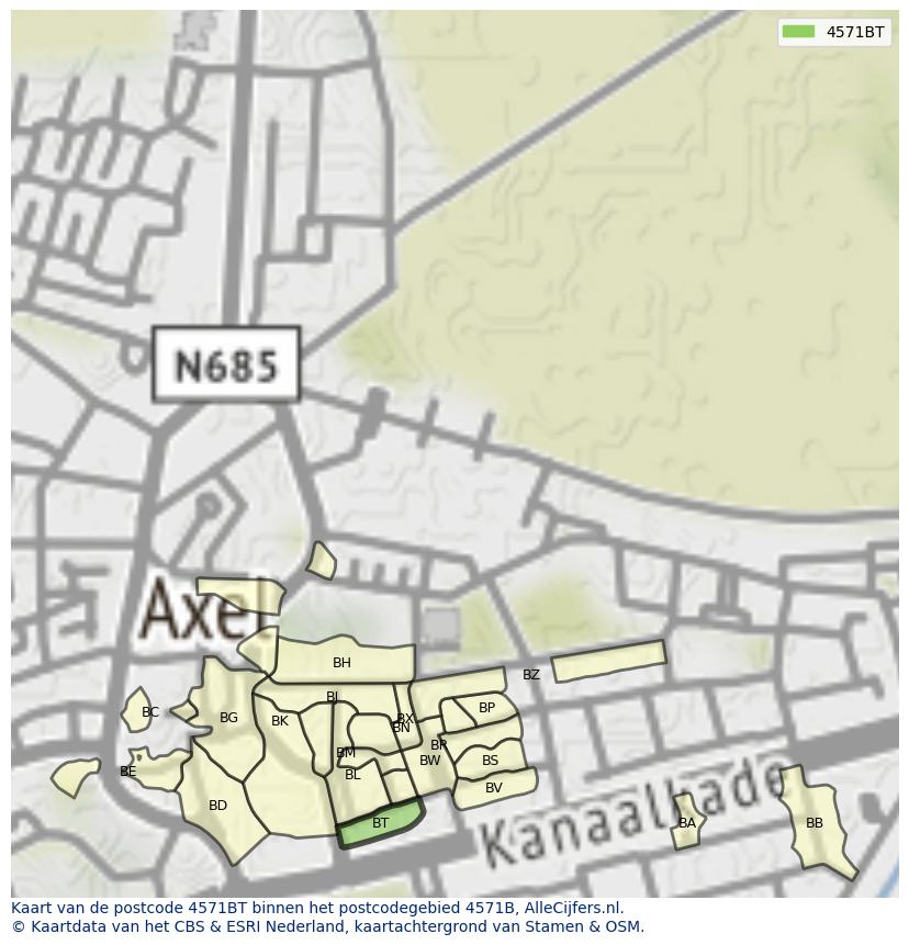 Afbeelding van het postcodegebied 4571 BT op de kaart.