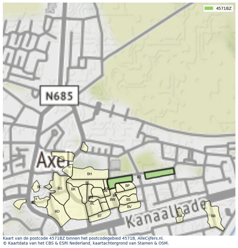 Afbeelding van het postcodegebied 4571 BZ op de kaart.