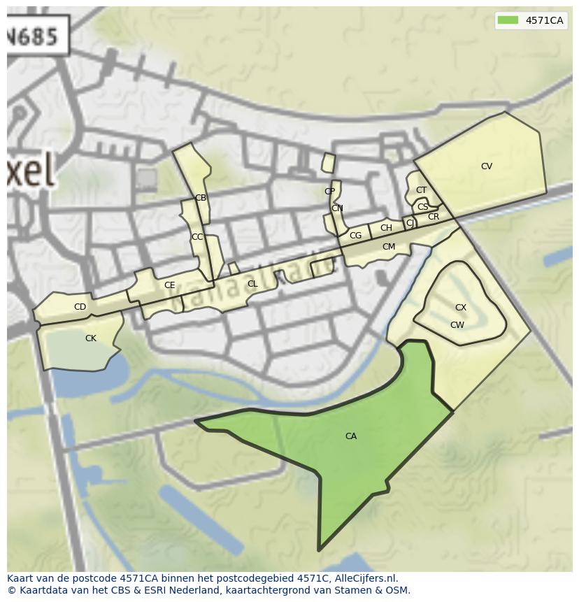 Afbeelding van het postcodegebied 4571 CA op de kaart.