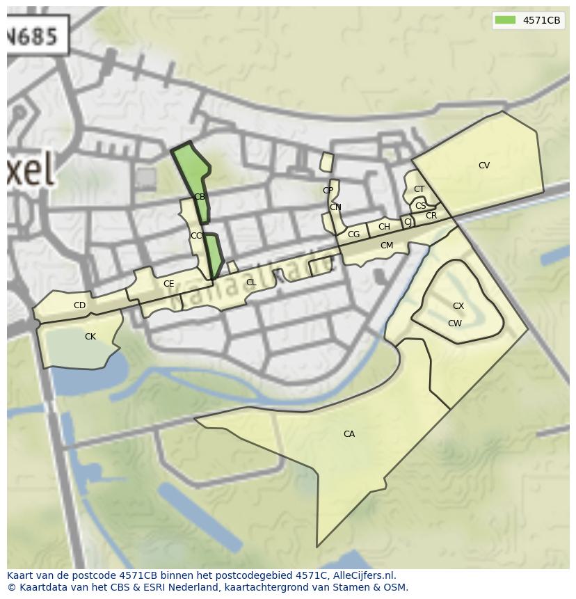 Afbeelding van het postcodegebied 4571 CB op de kaart.