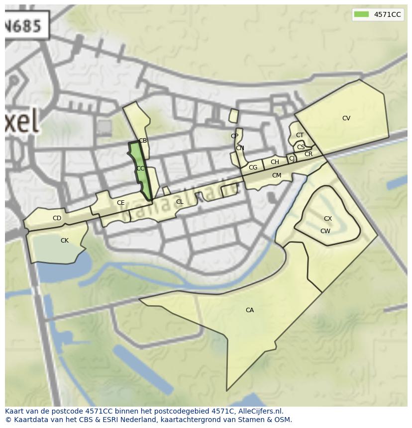 Afbeelding van het postcodegebied 4571 CC op de kaart.