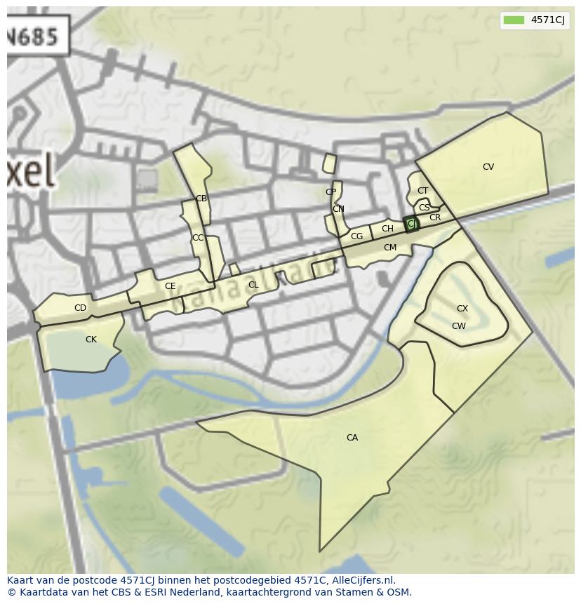 Afbeelding van het postcodegebied 4571 CJ op de kaart.